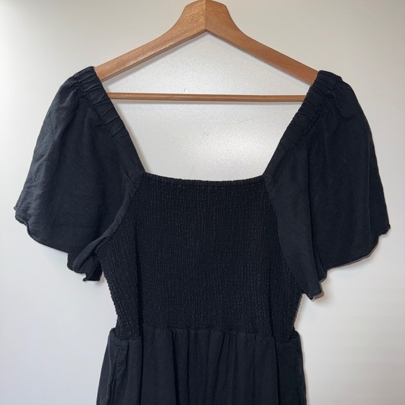 Madewell Lucie Black Smocked Square Neck Flutter Sleeve Linen Blend Midi Dress L - Picture 6 of 11